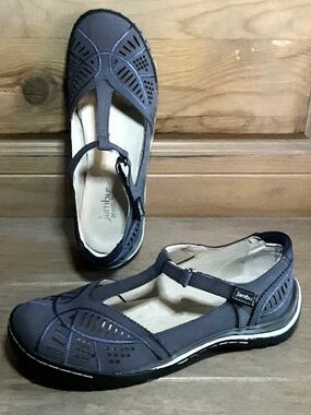 Jambu Bridget Mary Jane T-Strap W7.5/UK5.5 Navy Leather Comfort Flat EUC